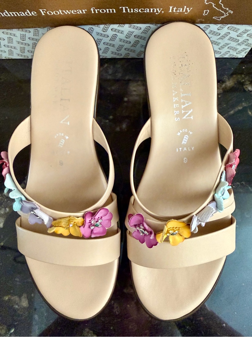 Italian Shoemakers Nude Slide Wedge Sandals with Multicolor Floral Appliqués - Picture 10 of 11